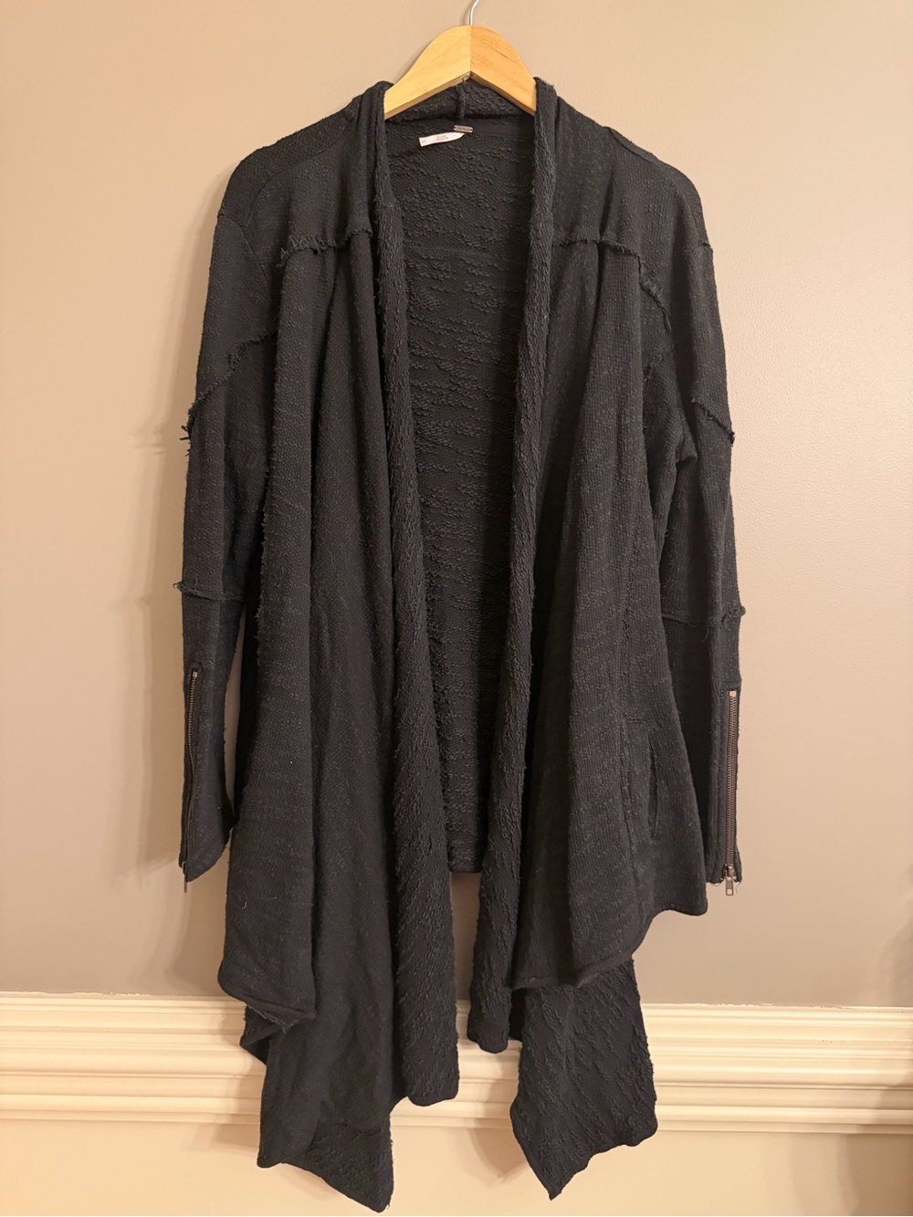 Free People Textured Slub Knit Moto Wrap Cardigan Duster Black Medium Pockets